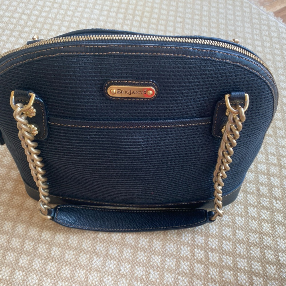 Eric Javits Black Raffia and Gold Chain Shoulder Bag